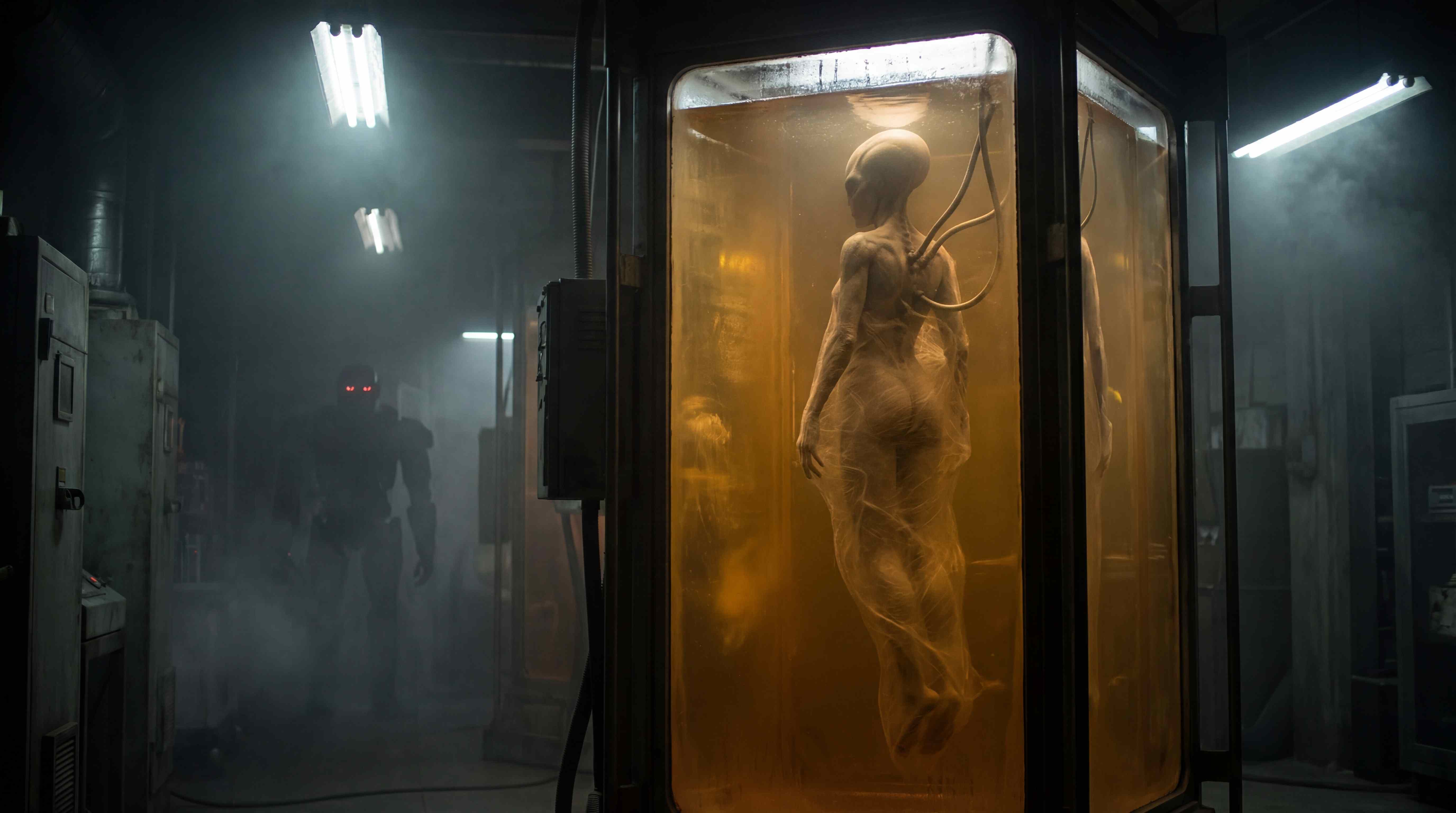 An alien humanoid suspended in an amber fluid containment pod in a dark industrial corridor