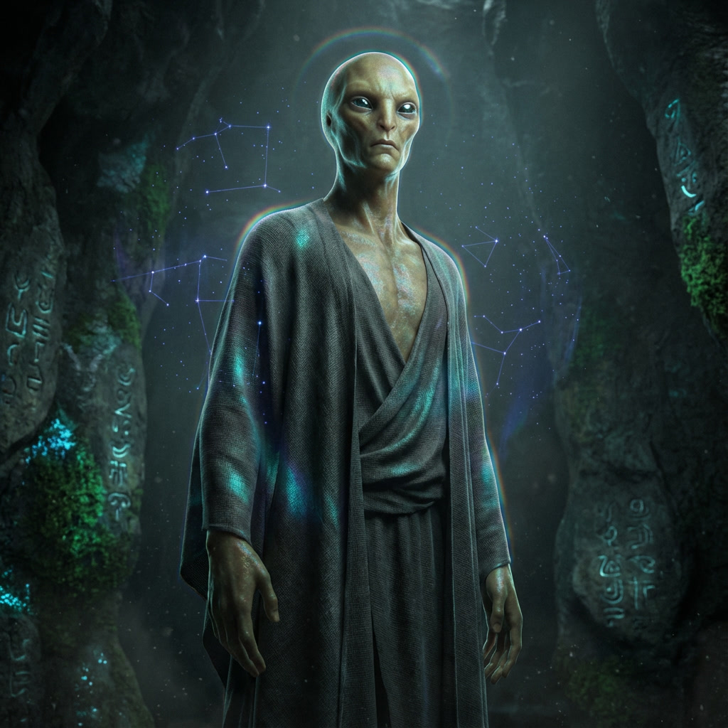 The Envoy - An enigmatic figure draped in flowing robes with constellation patterns, standing in an ancient cavern