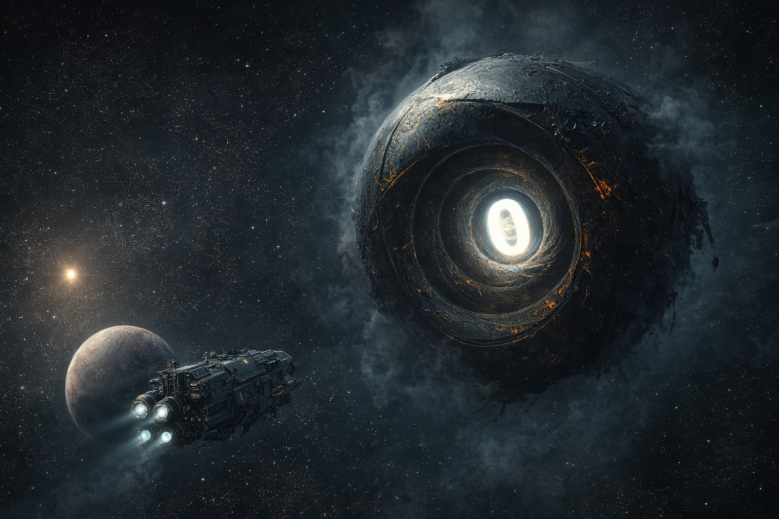 A military spacecraft approaching a massive cosmic megastructure with a glowing portal eye against a starfield
